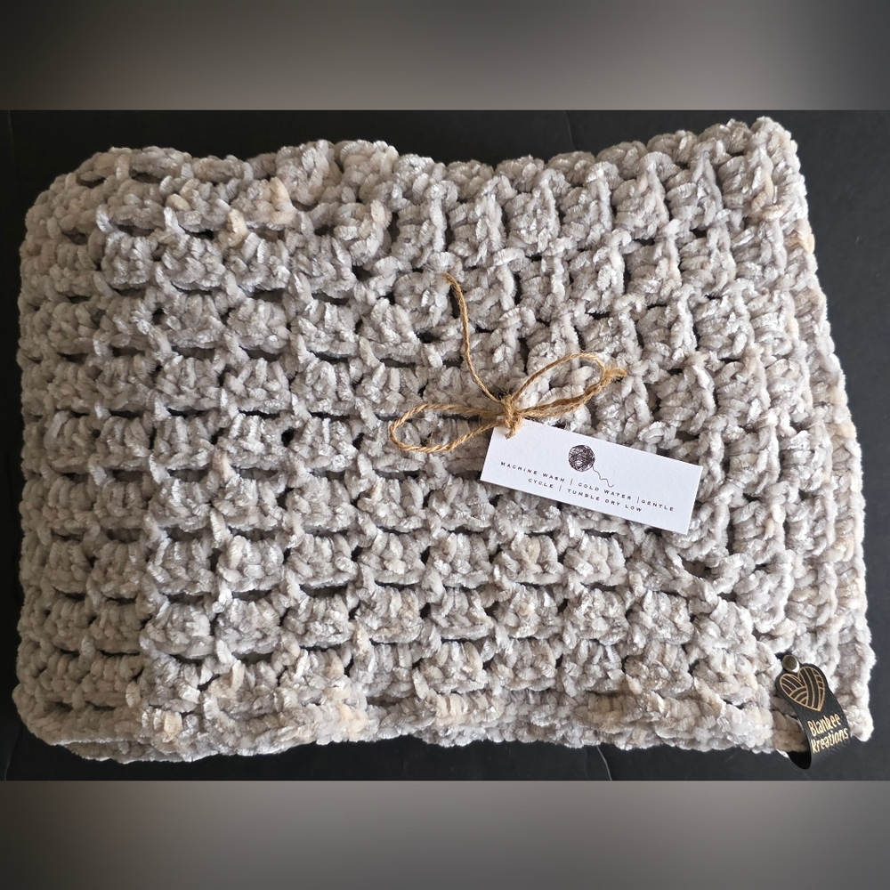 Handmade Misty Gray Velvet Crochet Baby Throw by Myself